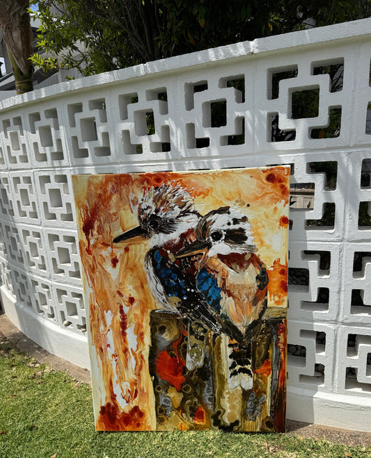 Kerry Bruce, Kookaburra's on the Block, Acrylic on Canvas-Oak Float Frame