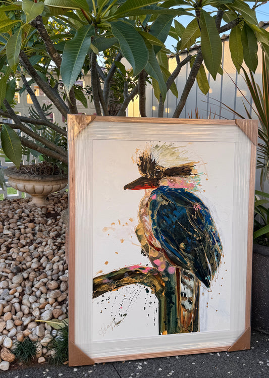 Kerry Bruce, Jack Kookaburra, Acrylic on 500gsm Art Paper - Oak Frame