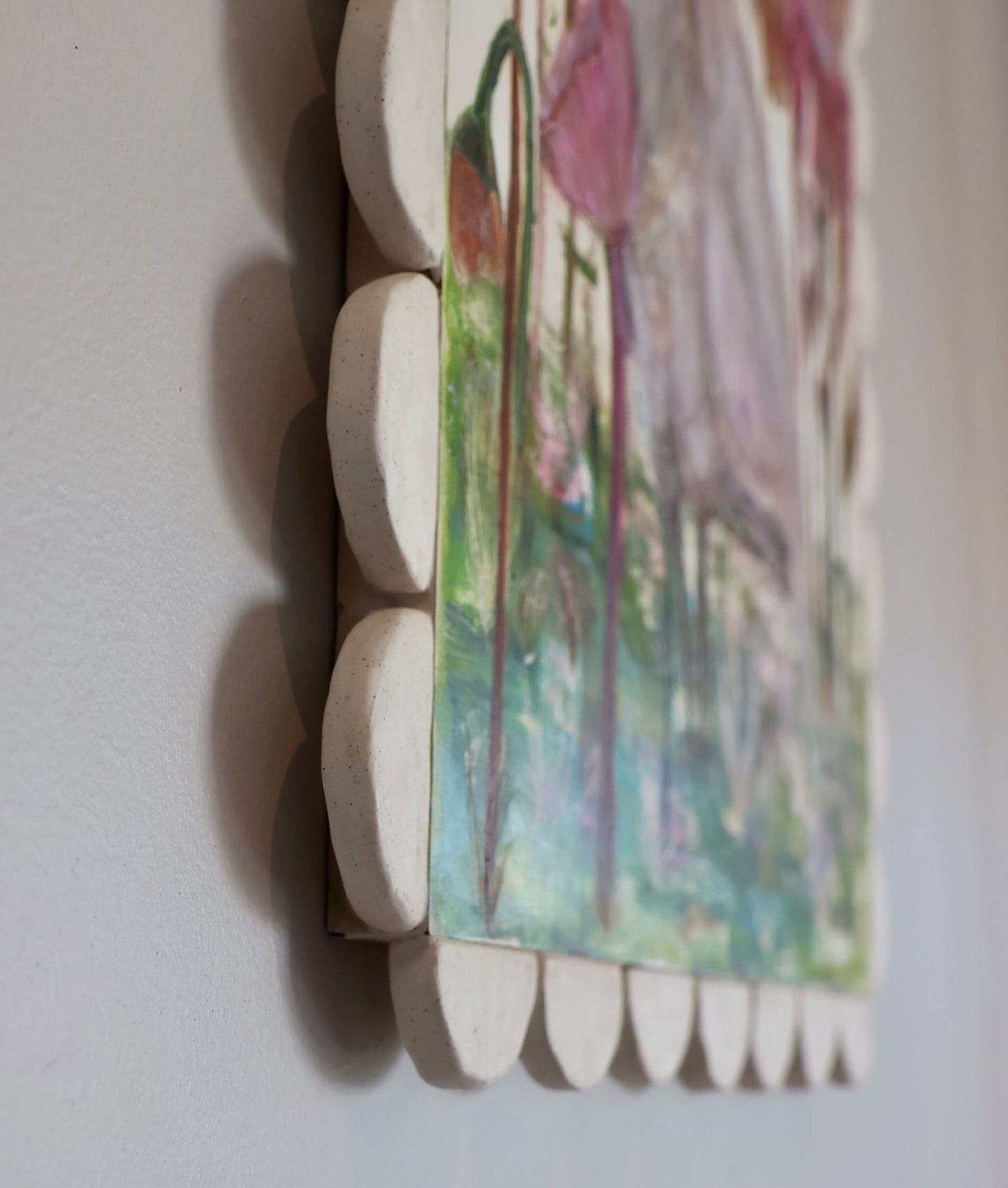 Shellie Christian, Where the Wild Things Bloom, Mixed Media on Board -handmade ceramic frame