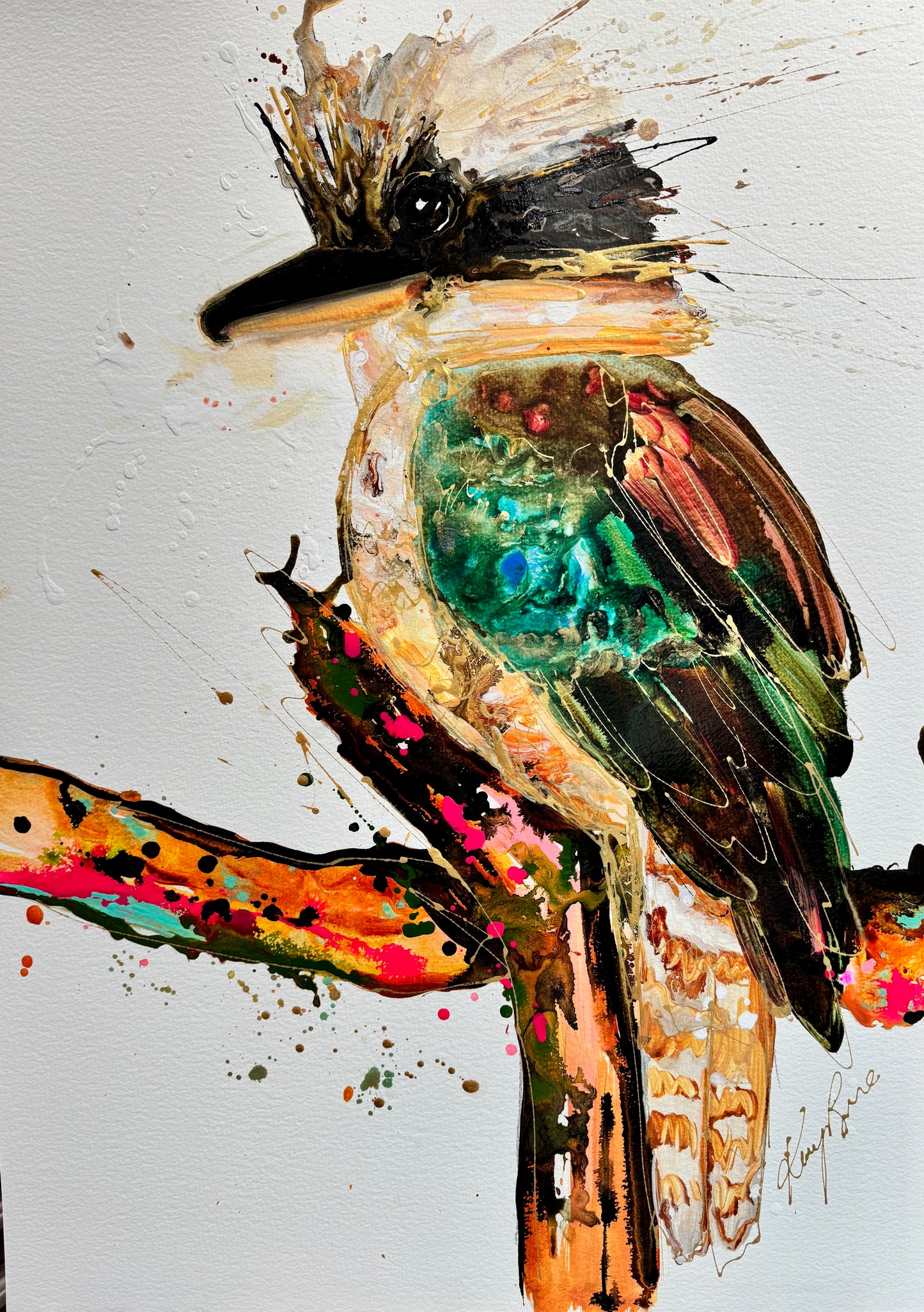 Kerry Bruce, Colin Kookaburra, Acrylic on 500gsm Art Paper - Oak Frame