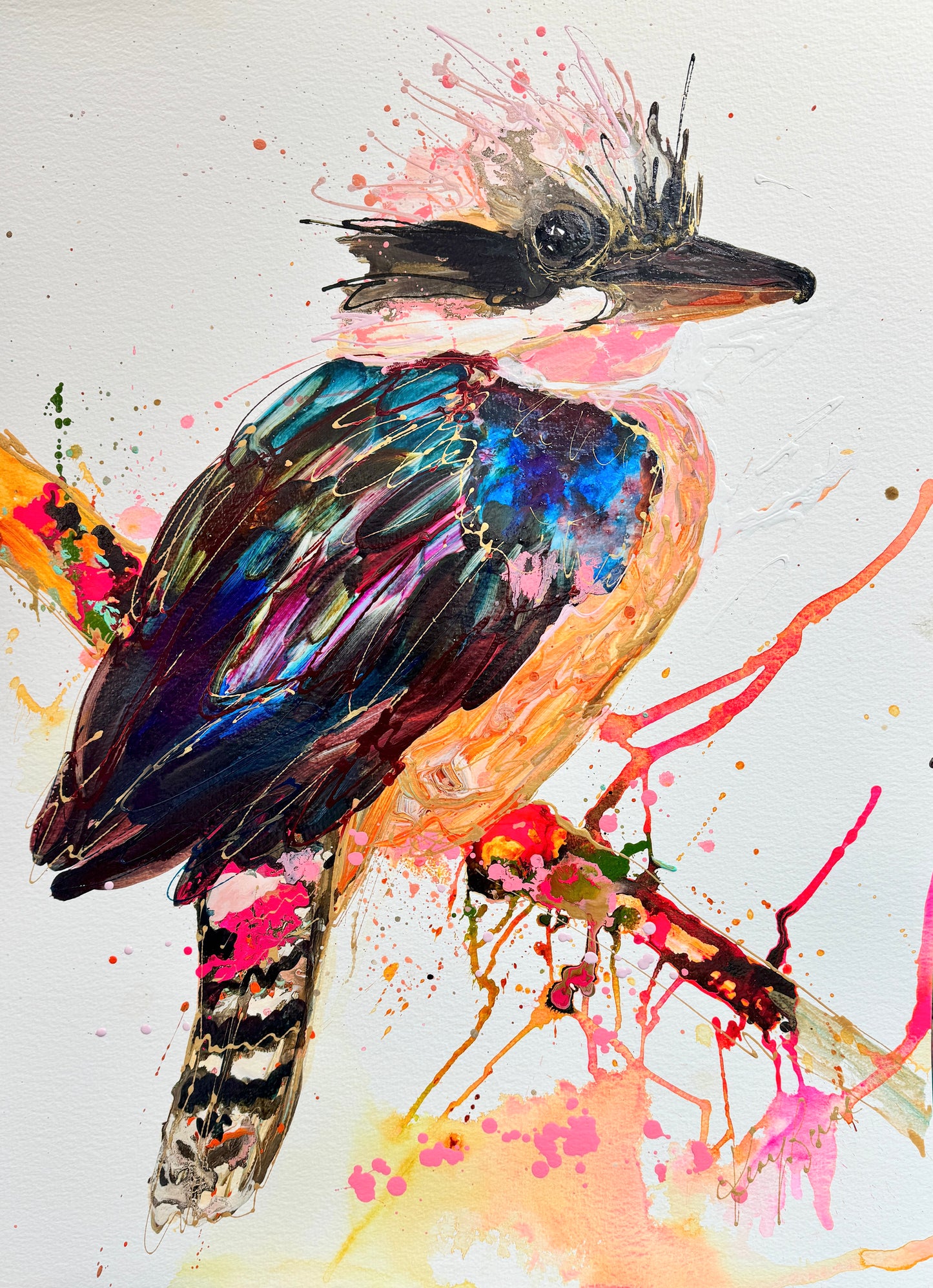 Kerry Bruce, Kim Kookaburra, Acrylic on 500gsm Art Paper - Oak Frame