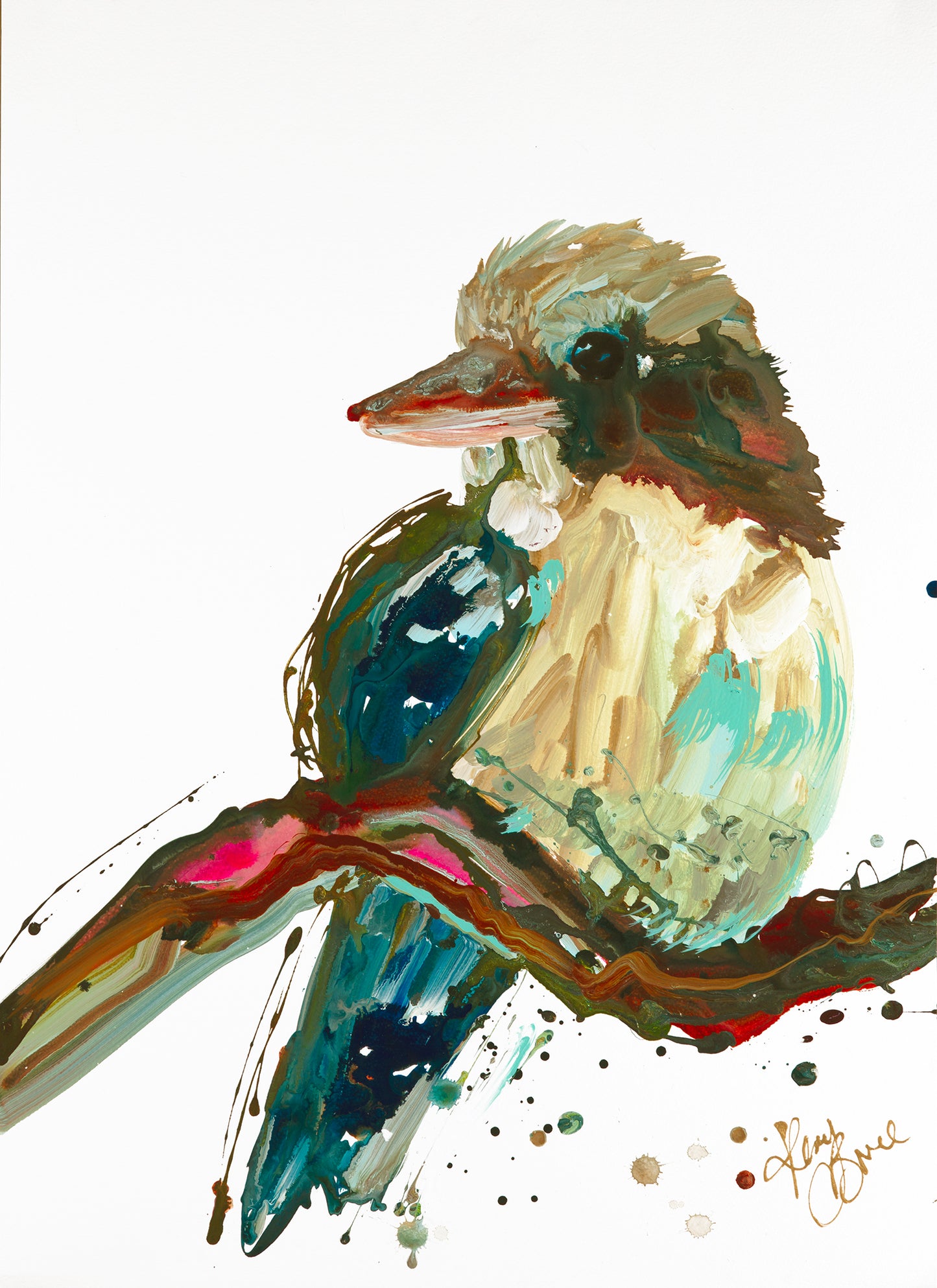 Kookaburra sitting on a branch painted in abstract style.