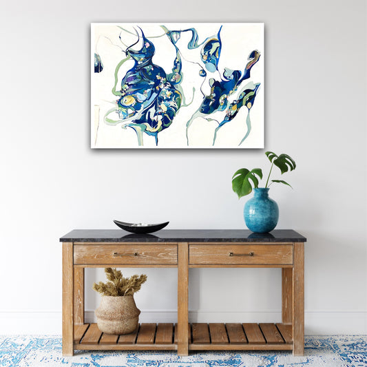 Oil painting on a white background with two abstract shapes in shades of blue and green on wall above hall stand.