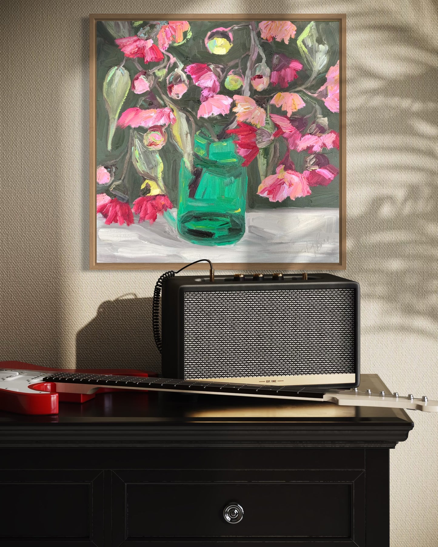 Kerry Bruce, Blossoms in Green Vase, Acrylic on Canvas