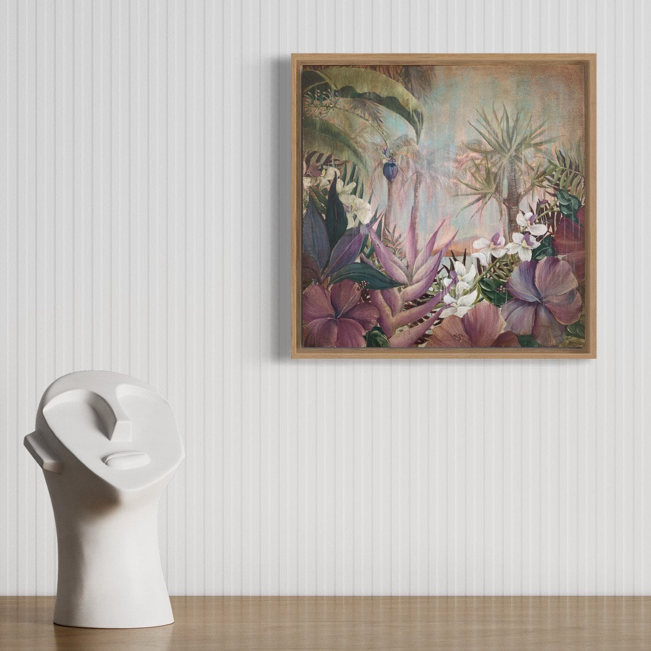 A tropical garden with banana palms and exotic flowers. In situ on a white rippled wall.
