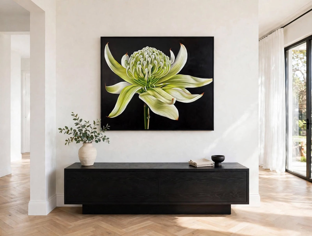 Jen Tucker, Wirrimbirra White, Oil on Linen , Black Oak Float Frame