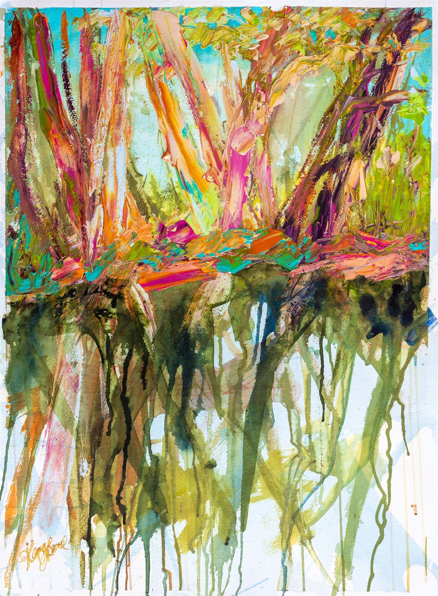 Kerry Bruce, Reflections, Original Art on Paper-Oak Frame