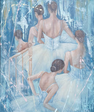 Load image into Gallery viewer, Five ballerinas in pale blue tutus, standing backstage.
