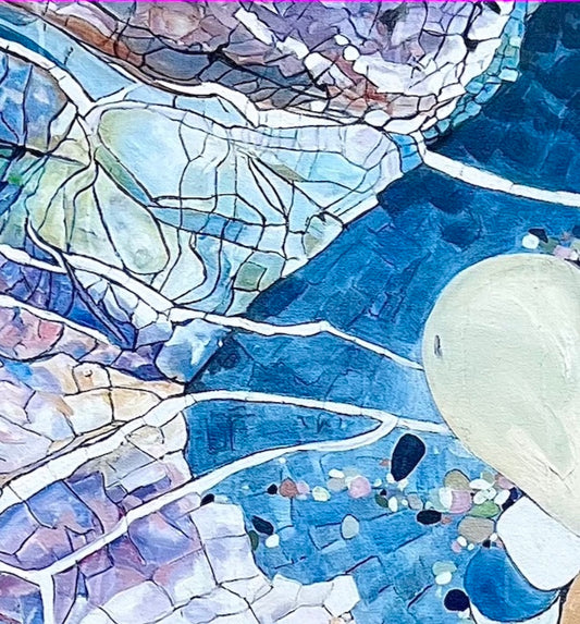 Detail view of an abstract rockpool painting in shades of blue, white aqua turquoise and mauve.