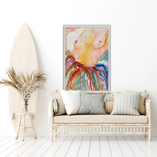 Woman nude from the waist up and wearing a multi coloured skirt. In situ on a white wall.