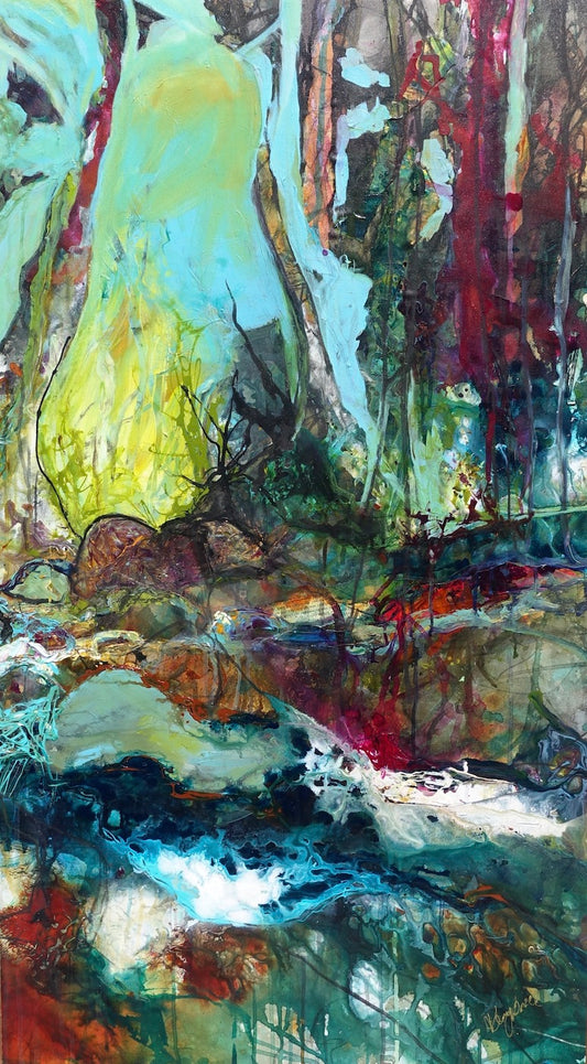 Abstract multicoloured oil painting of a creek, surrounded by trees.