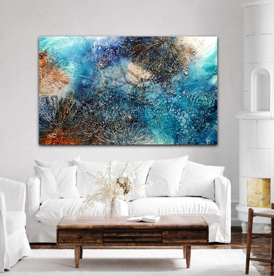 Rockpool oil painting in shades of aqua, turquoise and ochre and off white. Shown in situ on a white wall.