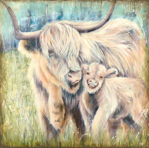 Highland cow mother and calf in pastel coloured grass and blue sky.
