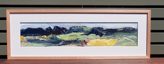 Abstract painting of the hills and countryside around Kandos in country NSW. Framed view.