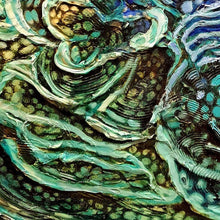 Load image into Gallery viewer, Detail of a painting of reefs showing shades of green, gold and blue.