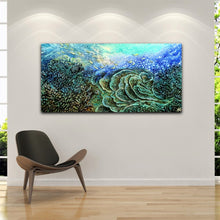 Load image into Gallery viewer, Oil painting of underwater reefs. Shown in situ in a sitting room.
