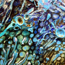 Load image into Gallery viewer, Detail of painting of reefs, beautiful colours in shades of blue, aqua, turquoise and gold