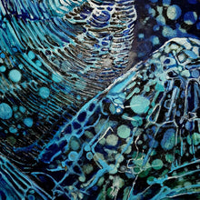 Load image into Gallery viewer, Moonlight shining underwater on periwinkles and rocks, painted in shades of blue, aqua, turquoise and ochre. Detail view 3.