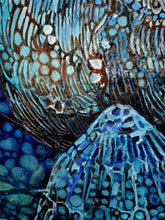 Load image into Gallery viewer, Moonlight shining underwater on periwinkles and rocks, painted in shades of blue, aqua, turquoise and ochre. Detail view 9.
