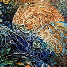 Load image into Gallery viewer, Moonlight shining underwater on periwinkles and rocks, painted in shades of blue, aqua, turquoise and ochre. Detail view 7.