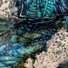 Load image into Gallery viewer, Moonlight shining underwater on periwinkles and rocks, painted in shades of blue, aqua, turquoise and ochre. Detail view.
