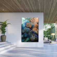Load image into Gallery viewer, Moonlight shining underwater on periwinkles and rocks, painted in shades of blue, aqua, turquoise and ochre. In situ on a dividing wall.