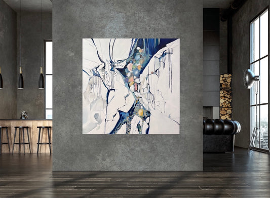 Abstract painting in shades of blue, white, turquoise, pink and yellow. Shown in situ on a grey wall.