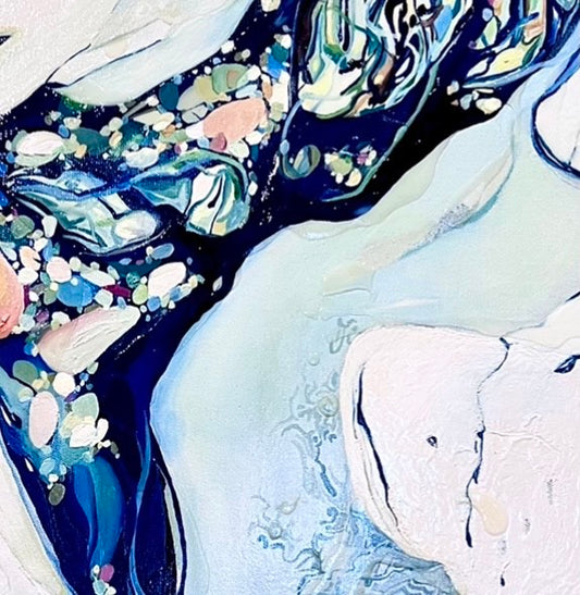Closeup view of abstract original painting from photographs of ocean rock pools in shades of blue, aqua, rose pink and cream.