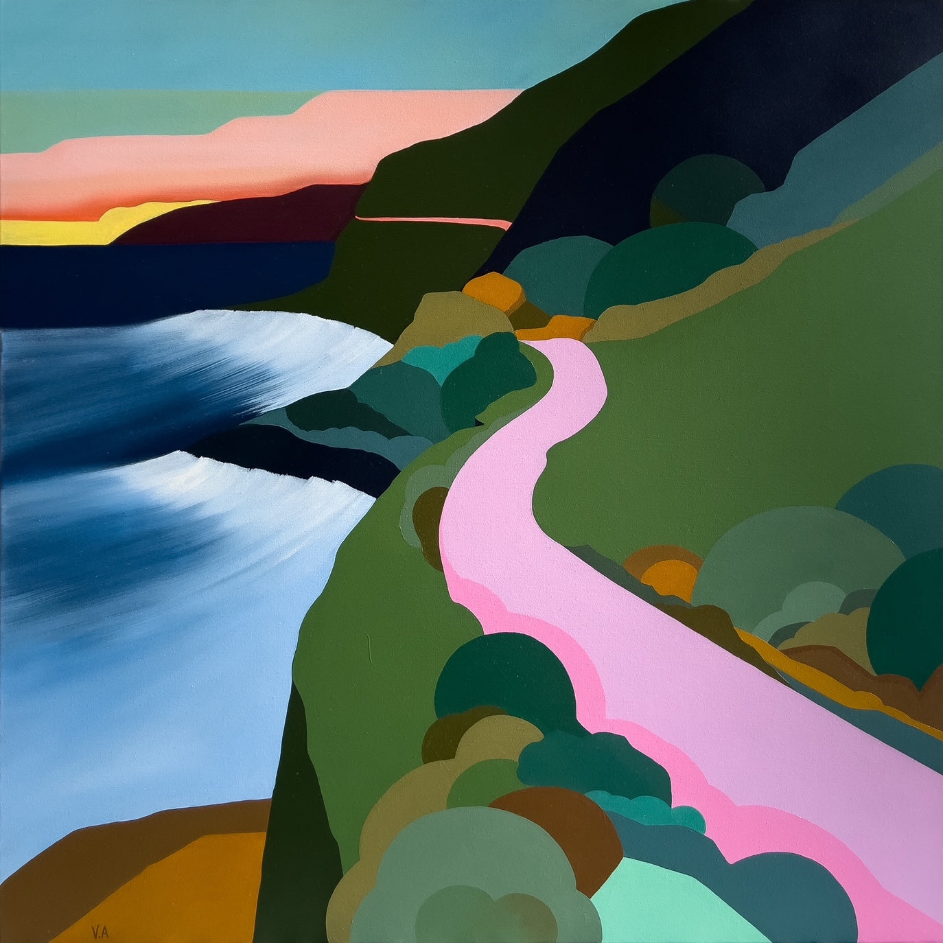 Great Ocean Road in a colourful, stylised painting.