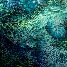 Load image into Gallery viewer, Moonlight shining underwater on periwinkles and rocks, painted in shades of blue, aqua, turquoise and ochre. Detail view 10.