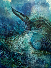 Load image into Gallery viewer, Underwater creatures with sunlight shining through the water. Oil painting in shades of blue, aqua and turquoise.