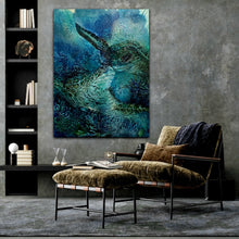 Load image into Gallery viewer, Underwater creatures with sunlight shining through the water. Oil painting in shades of blue, aqua and turquoise. In situ on a grey wall.