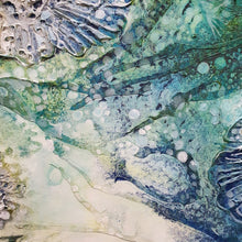 Load image into Gallery viewer, Underwater painting of a creatures in a rock pool in shades of blue, sapphire, aqua, green and turquoise. Detail view 2.