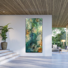 Load image into Gallery viewer, Underwater painting of a creatures in a rock pool in shades of blue, sapphire, aqua, green and turquoise.  In situ on a wall.