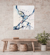 Load image into Gallery viewer, Abstract painting in shades of white, blue and small detail of multi colours. Shown on a brick wall.
