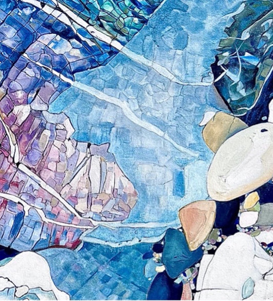 Abstract rockpool in shades of blue, aqua, turquoise, pink, yellow and white. Shown in detail view.