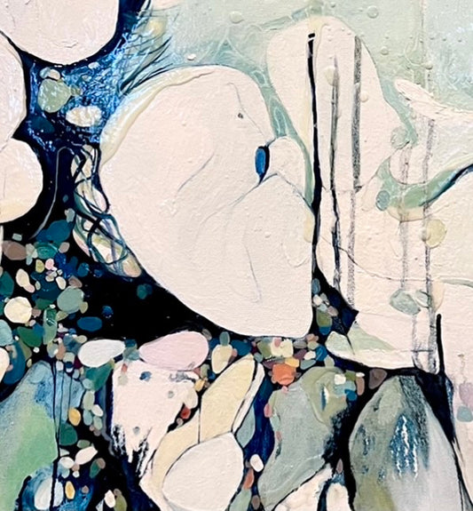 Closeup view of an abstract oil painting based on ocean rock pools in shades of cream, navy, aqua, pale green and a small splash of ochre.