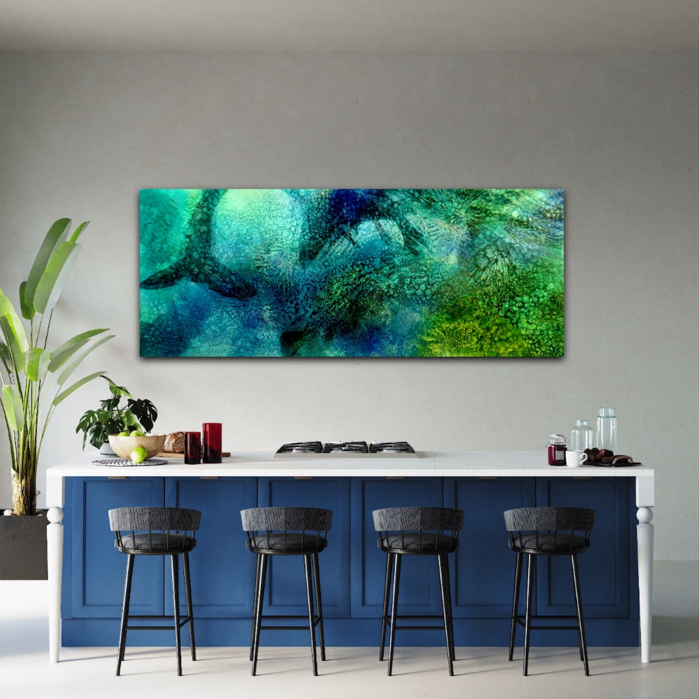 Underwater painting of seals on the NSW South Coast. In situ on a grey wall.