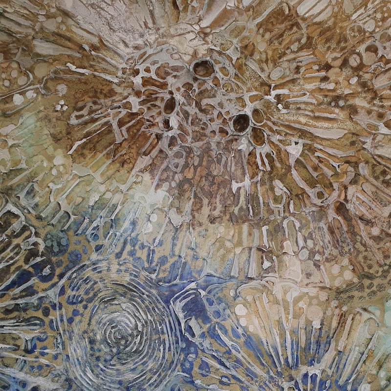 Abstract painting of an underwater scene in shades of aqua, blue and caramel. close up view.