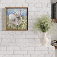 Load image into Gallery viewer, Highland cows standing in long grass, painted in soft pastel colours. In situ on a white brick wall.