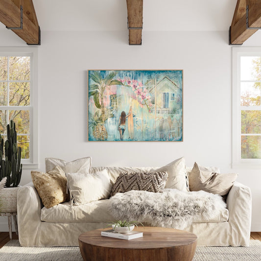 Tropical summer holidays, surf, beach shacks, waterfalls, pineapples, palms and flowers. In situ on a white wall.