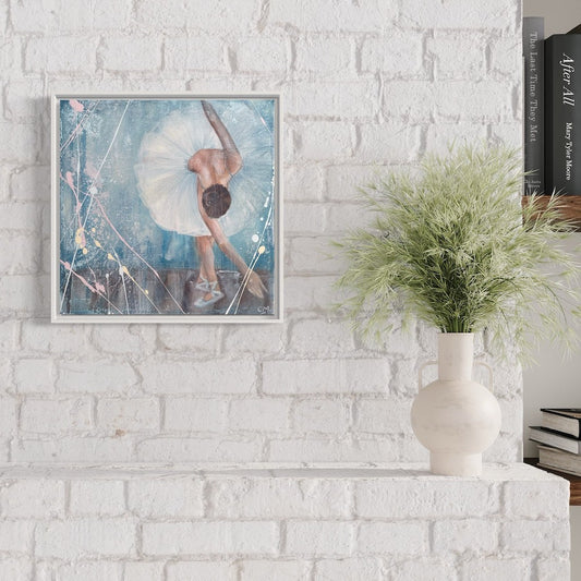 Ballerina in a white tutu bowing to the audience against a pastel blue background. In situ on a white brick wall.