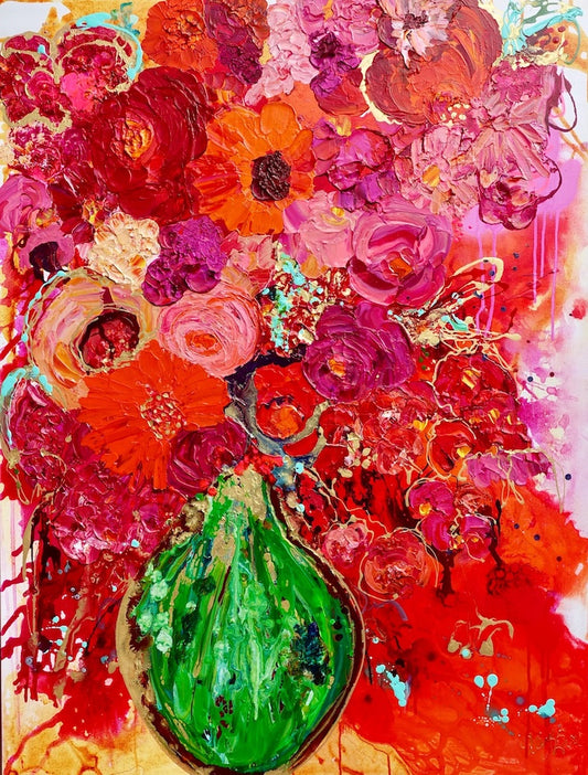 Vibrant colourful mass of blooms in magenta and red, with gold details and a bright green vase.