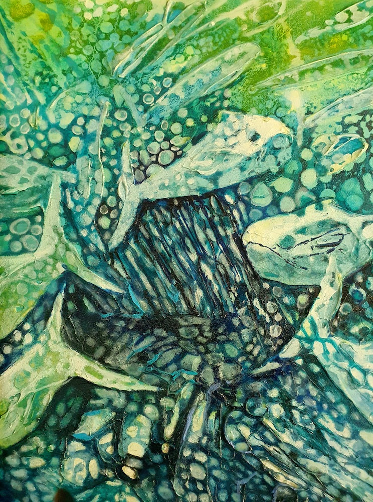 Underwater painting of a large striped fish and smaller fish. Detail view 4.