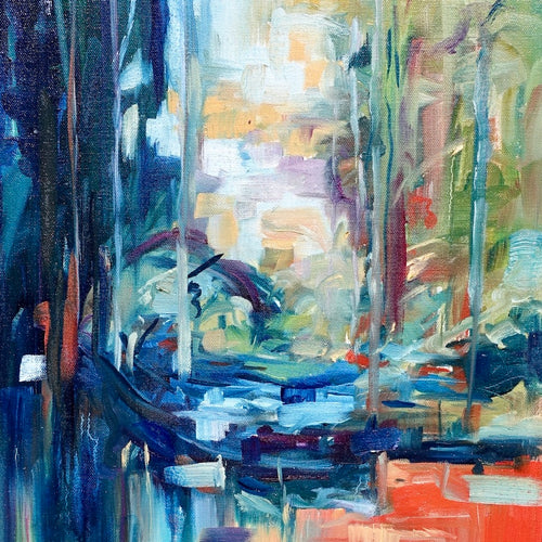 Multicoloured Abstract oil painting depicting looking through a stand of trees. Square view of painting.