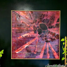 Load image into Gallery viewer, Crimson coloured abstract painting of a sea urchin. Shown framed in Tasmanian Oak on a black wall.