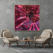 Load image into Gallery viewer, Crimson coloured abstract painting of a sea urchin. Shown framed in Tasmanian Oak on a sitting room wall.