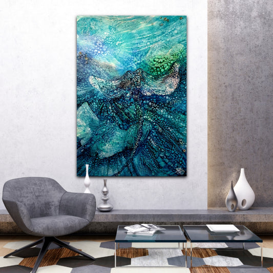 Stingrays in an oil painting. Shown in situ on a white wall.