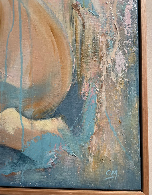 Nude figurative painting of a female against a pastel-hued background. Shown here in close up view.