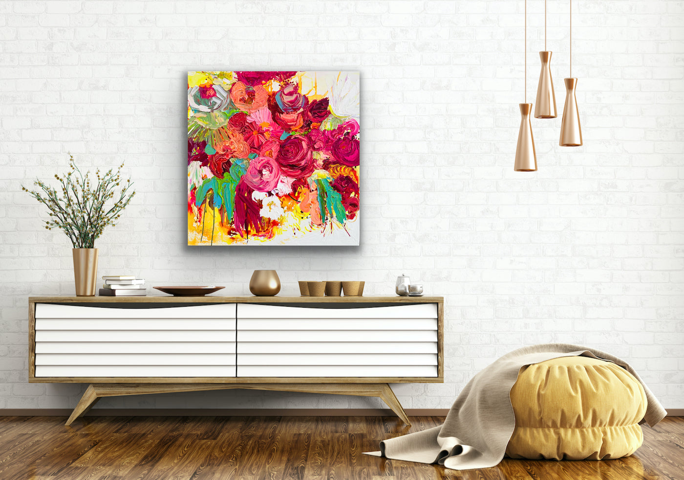 Original painting of pink, red and orange blooms with splashes of green, yellow and white.